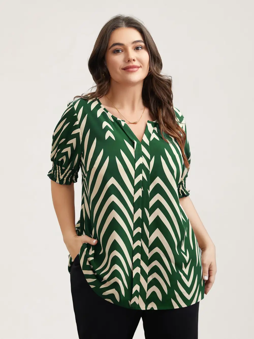 Geometric Print Ruffled Shirred Shirt