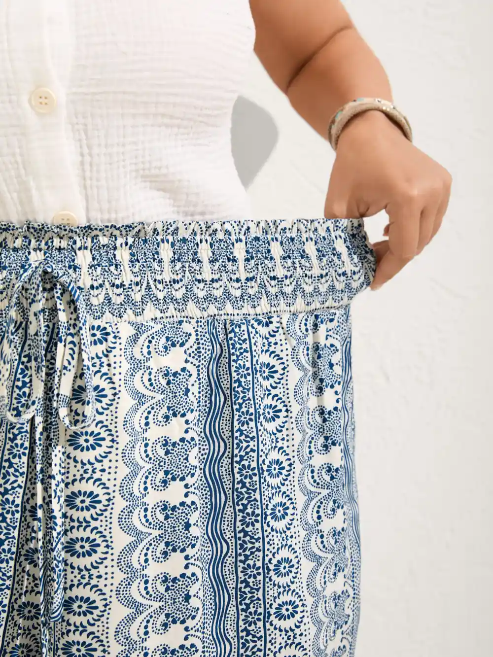 Boho Print Shirred Waist Wide-Leg Pants