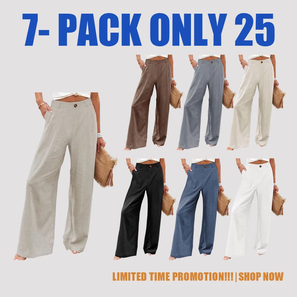 Womens Cotton Linen Pants Casual Button Up High Waisted Wide Leg Trousers Wideleg Loose