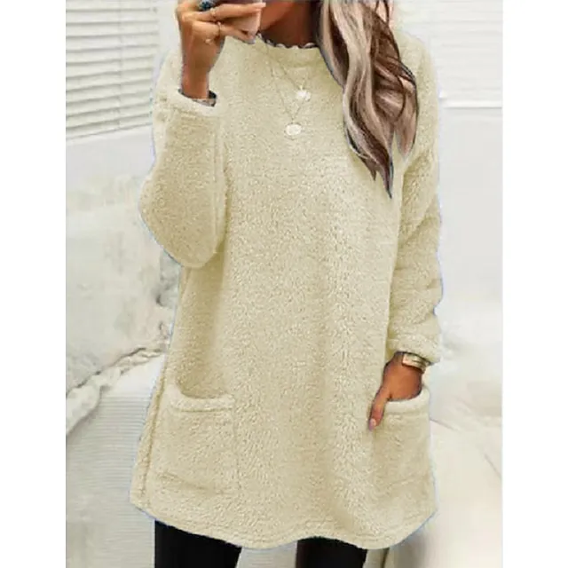 Women's Sweatshirt Pullover Fleece Sports Sherpa Fleece Teddy Pocket Marron Black White Solid Color Street Casual Round Neck Long Sleeve Top Micro-elastic Fall & Winter