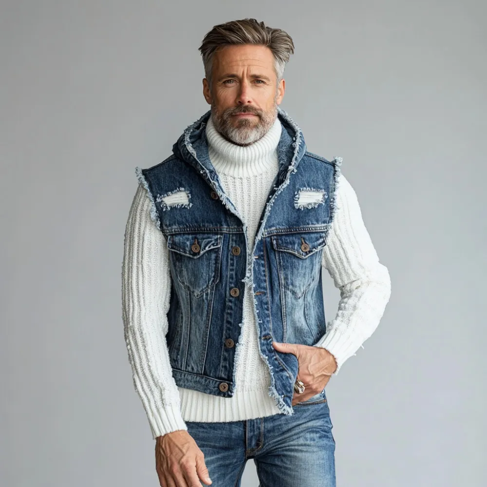 Men's Casual Denim Ripped Raw Edge Button Hooded Vest