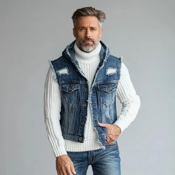 Men's Casual Denim Ripped Raw Edge Button Hooded Vest