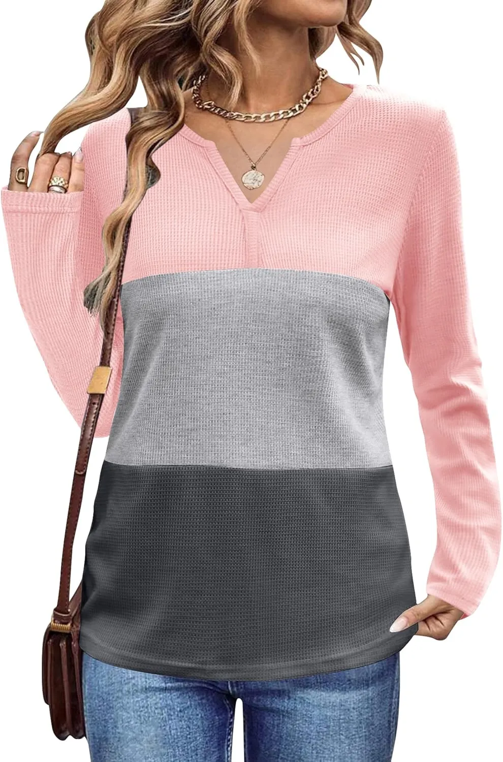 Women's Waffle Shirts V Neck Long Sleeve Tops Color Block T-Shirts Casual Tunics 2024 Fashion Basic Tees