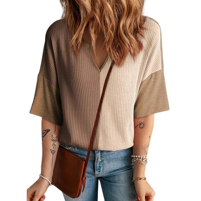 Women's Colorblock Waffle Knit Tops – 2025 Summer Fashion Half Sleeve V-Neck Casual Blouses