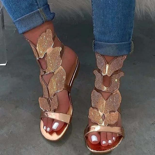 Women's Sandals Flat Sandals Plus Size Sparkly Sandals Party Daily Summer Rhinestone Flat Heel Open Toe Vintage Classic Casual Faux Leather Loafer Color Block Silver Black Gold