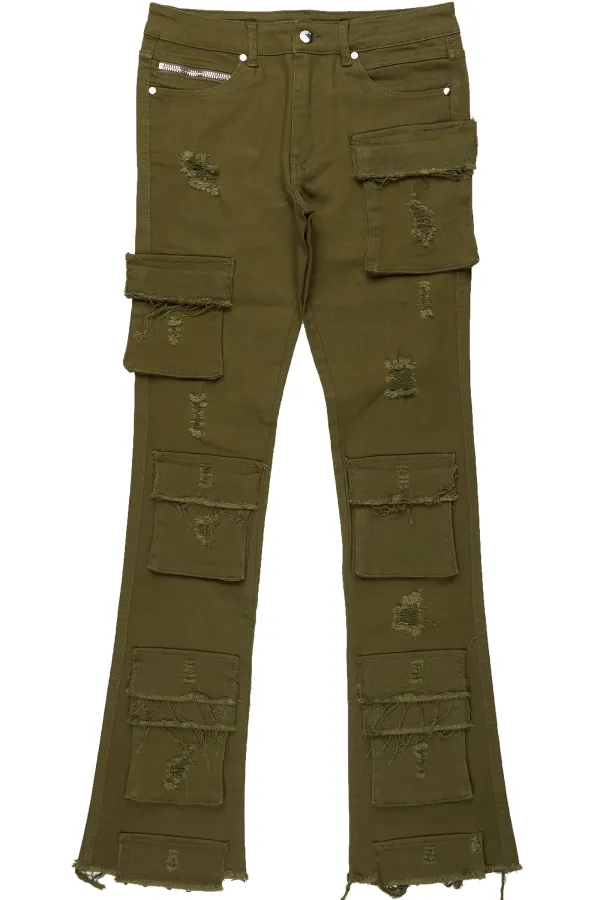 Zander Green Stacked Flare Cargo Jean