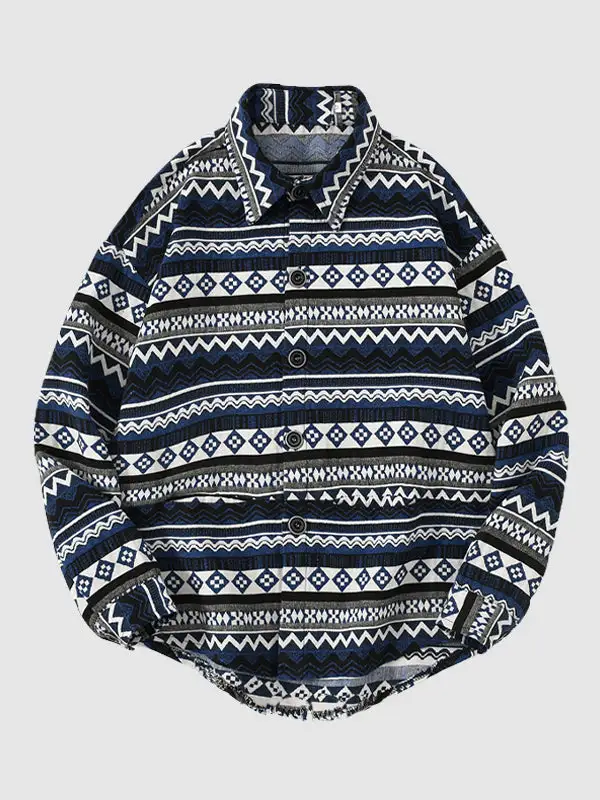 Men's casual geometric ethnic style blended wool shirt jacket