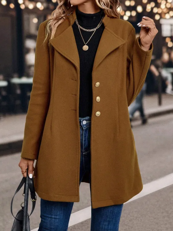 Lapel Button-up Woolen Coat For Women