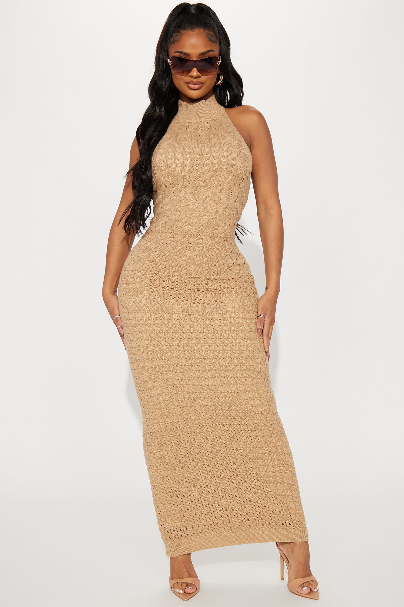 Resort Paradise Halter Crochet Maxi Dress - Taupe