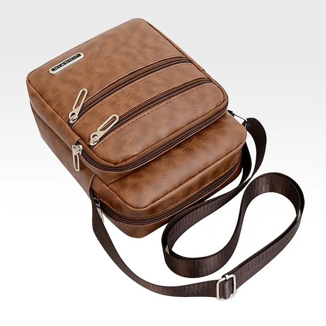 Men's Crossbody Bag Shoulder Bag Messenger Bag PU Leather Outdoor Daily Zipper Large Capacity Waterproof Lightweight Solid Color Black Brown Coffee