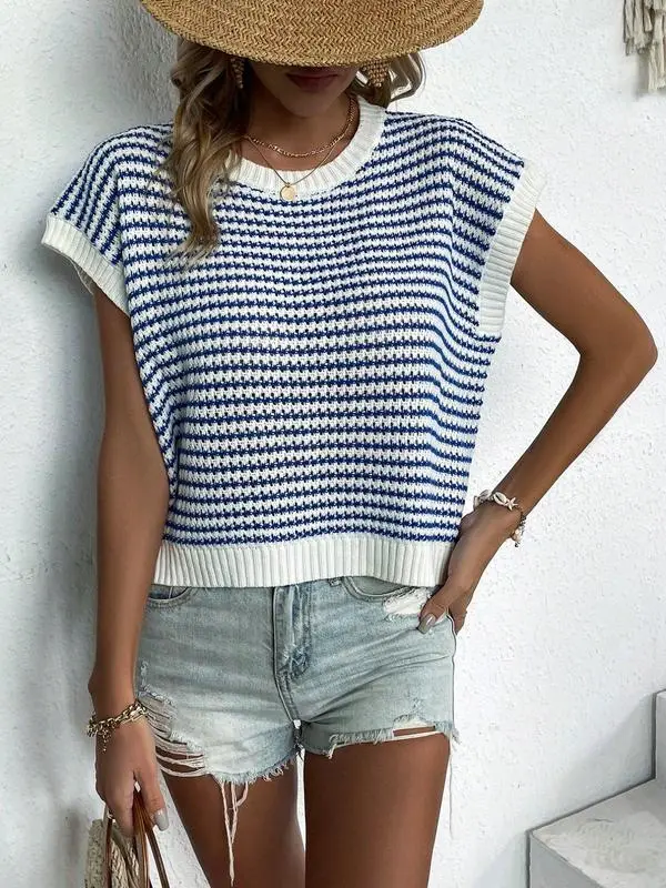 Women's Striped Print Round Neck Knit Top, Vacation Clothes