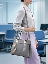 Women's Faux Leather Handbag with Tassel Charm and Textured Panels – Elegant Structured Shoulder Tote Bag for Office Work and Business Travel