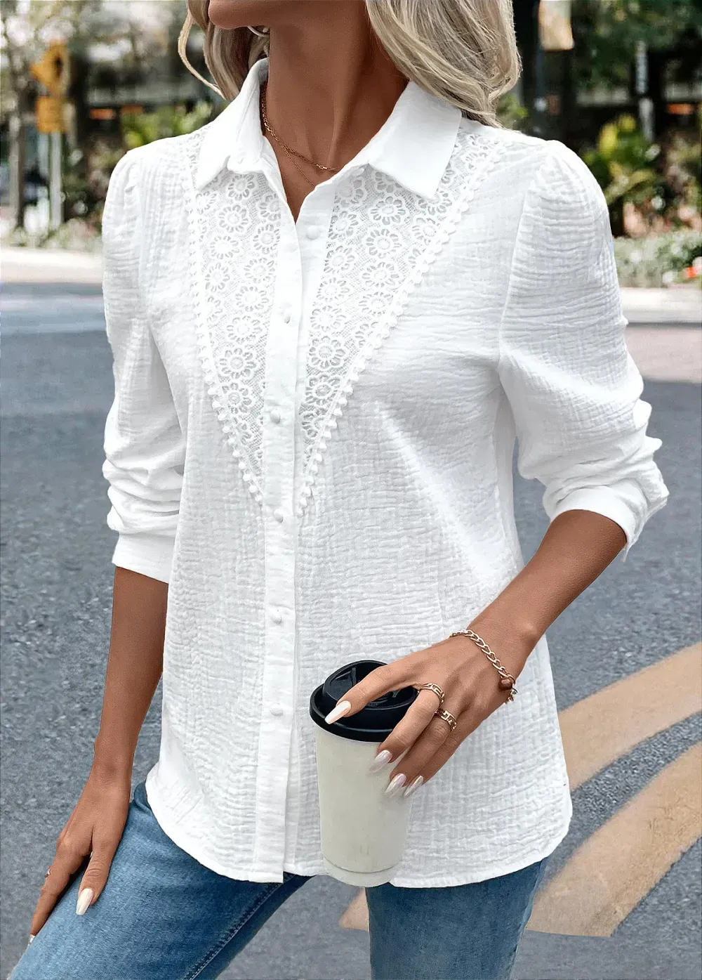 White Embroidery Long Sleeve Tunic Shirt