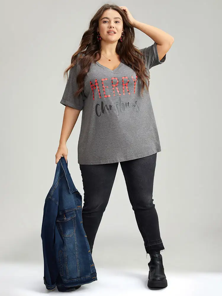 Christmas Gingham Patchwork V Neck T-shirt