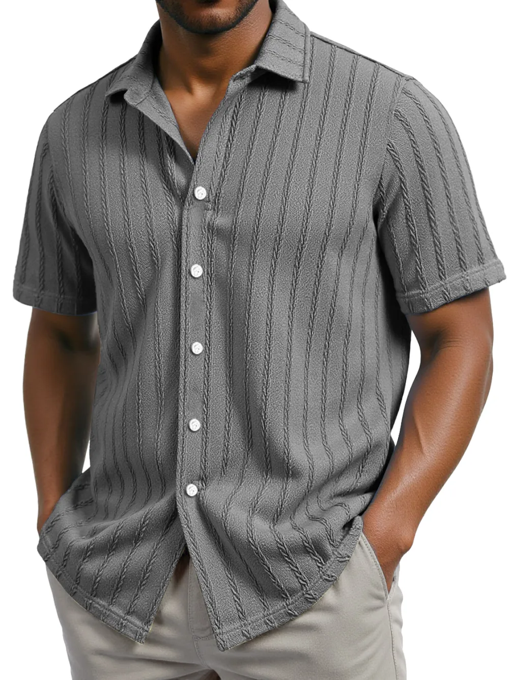 Men's Daily Casual Jacquard Texture Lapel Short-sleeved Shirt