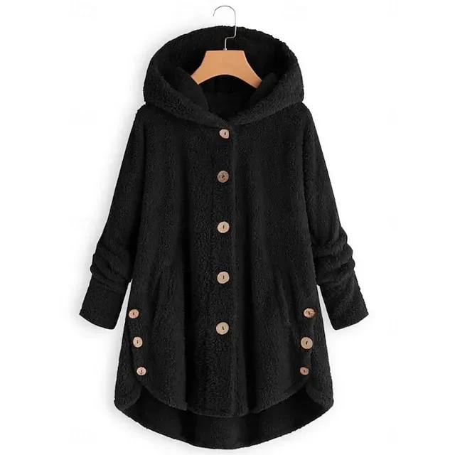 Women's Sherpa Jacket Hoodie Jacket Comfortable Breathable Pocket Buttons Fashion Casual Plain Vacation Street Casual Daily Wear Single Breasted Regular Hooded Loose Fit Long Sleeve Outerwear Black