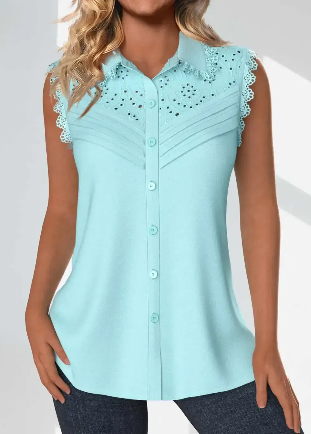 Light Blue Tuck Stitch Sleeveless Shirt Collar Tank Top