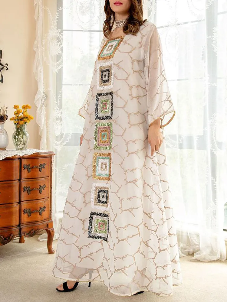 Printed Bead Embroidery Flare Sleeves Long Dress