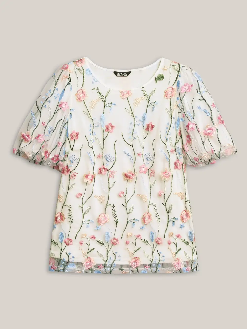 Floral Embroidered Mesh Bubble Sleeve Blouse