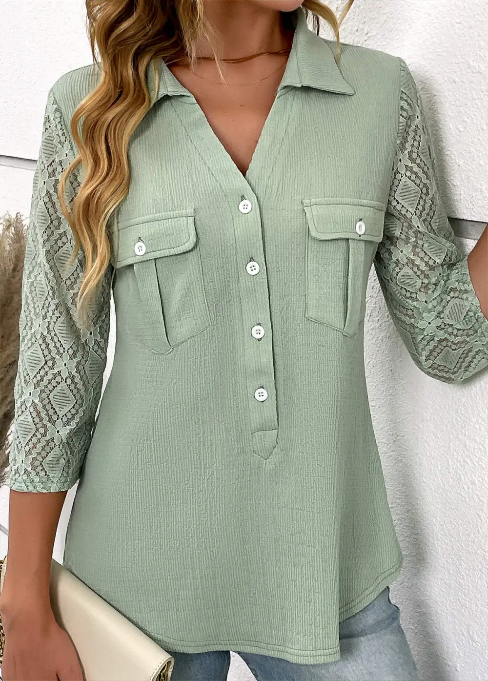 Sage Green Patchwork Three Quarter Length Sleeve Blouse