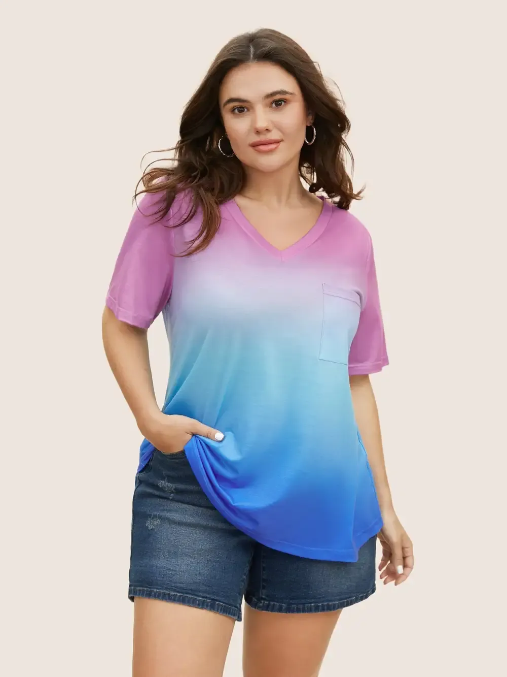 Ombre Contrast Patched Pocket T-Shirt