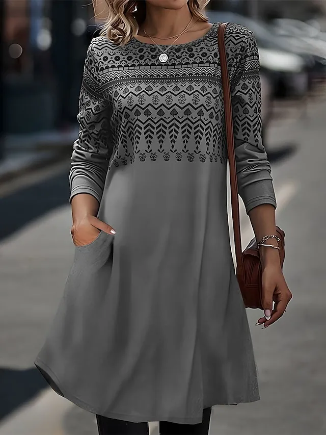 Women's Casual Dress T Shirt Dress Tee Dress Print Dress Geometric Color Block Pocket Print Crew Neck Midi Dress Fashion Streetwear Outdoor Daily Long Sleeve Regular Fit Blue Fuchsia Brown Spring Fall