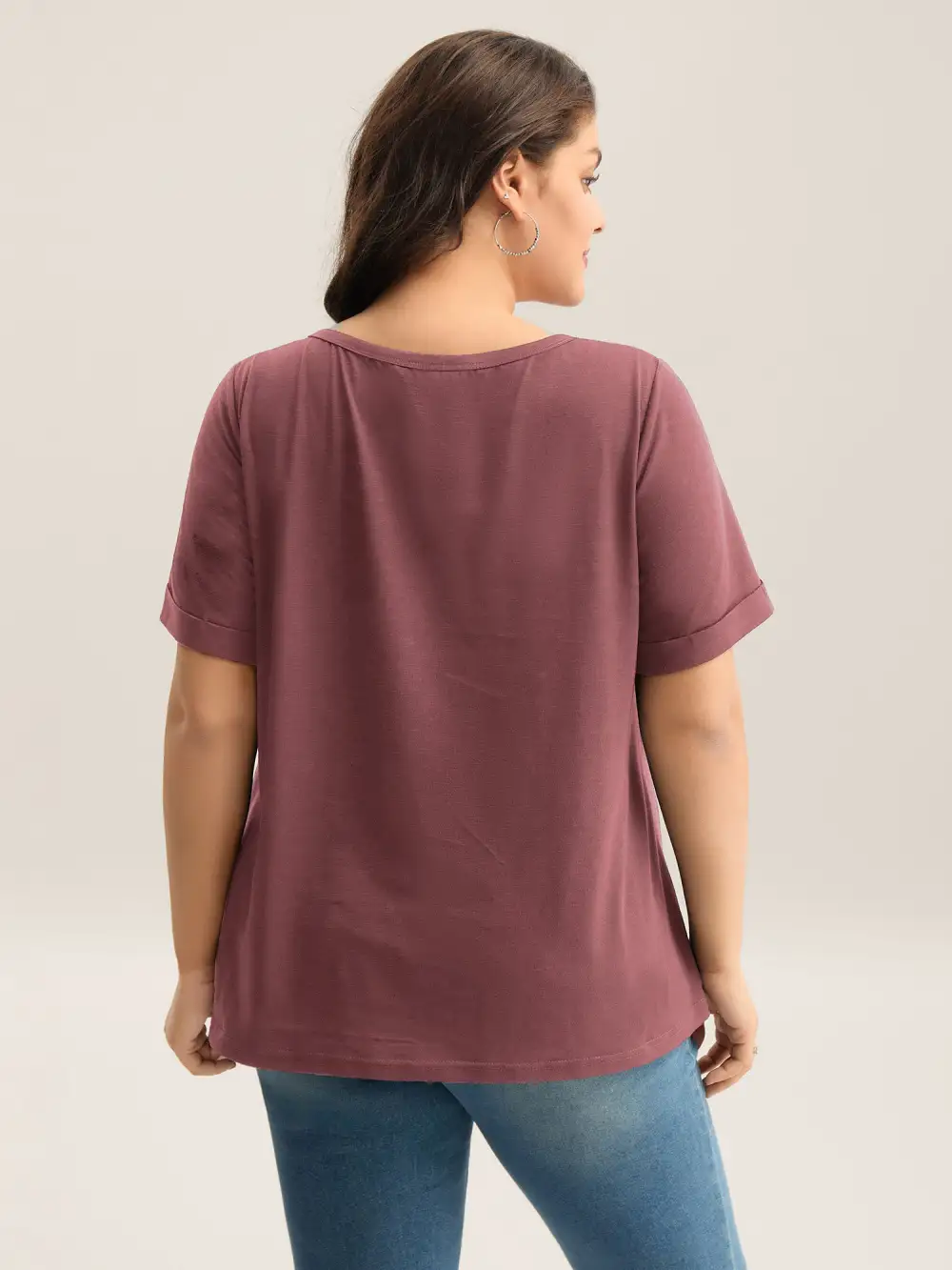 Solid Split Neck Button Detail T-Shirt