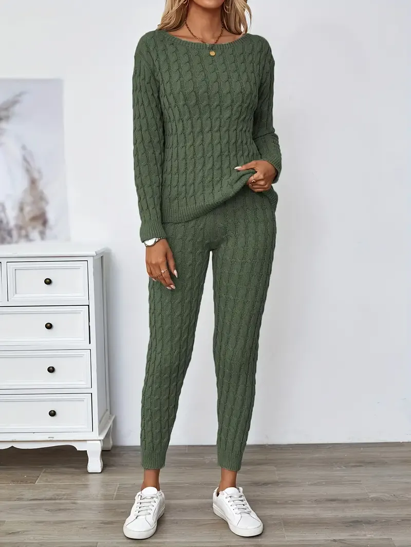 Solid Knitted Matching Two-piece Set, Casual Long Sleeve Sweater & Pants Outfits, Women's Clothing