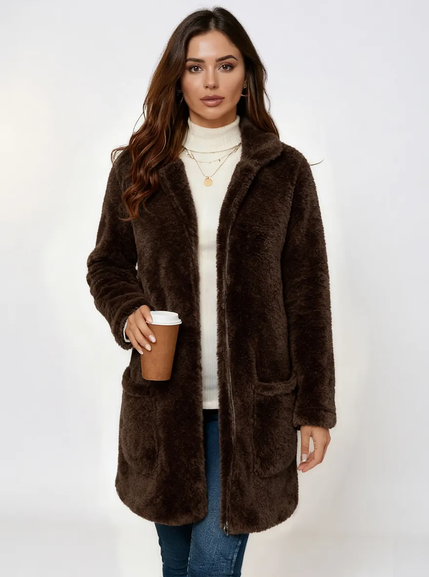 Women's Fleece Zip-Up Longline Teddy Coat