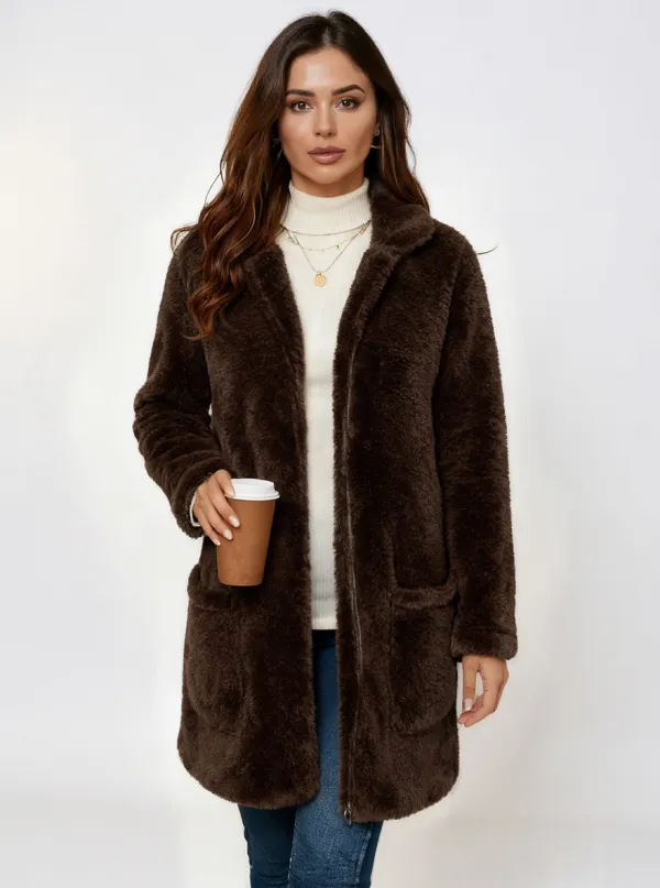 Women's Fleece Zip-Up Longline Teddy Coat