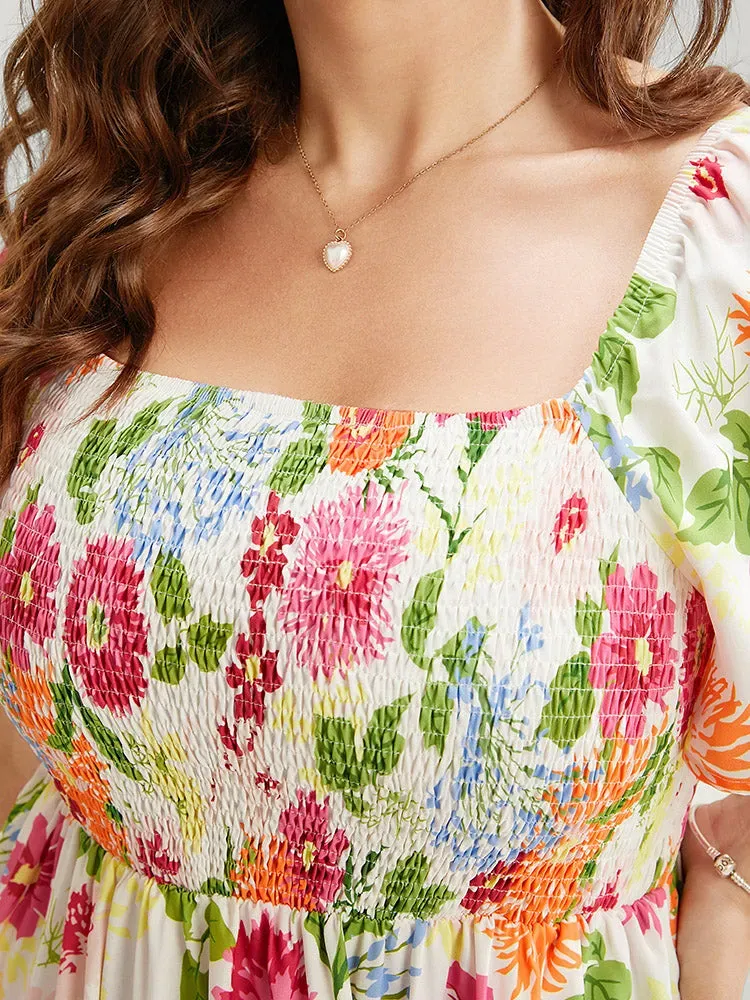 Floral Backless Shirred Square Neck Pocket Ruffle Hem Dress