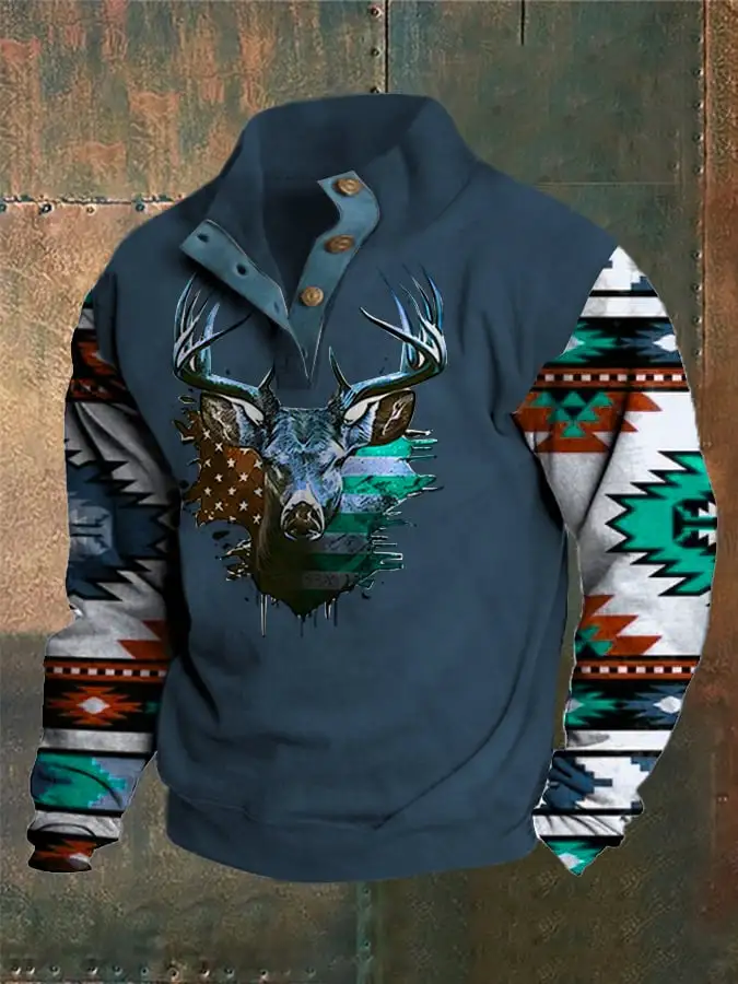 Men's Western Style Printed Stand Collar Button Sweatshirt