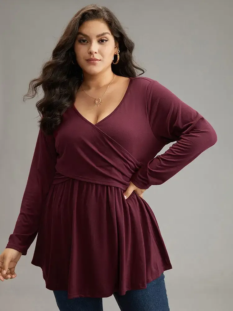 Solid Crossover V Neck Ruffle Hem T-Shirt