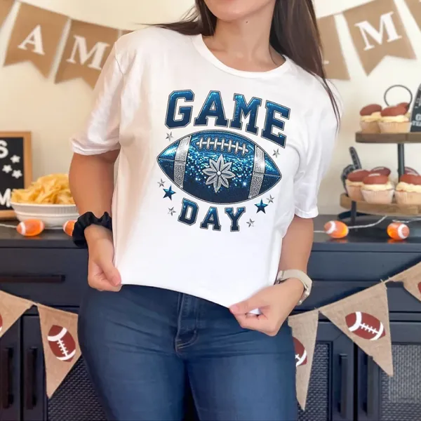 Women's Football Game Day Print Round Neck Short Sleeved T-shirt