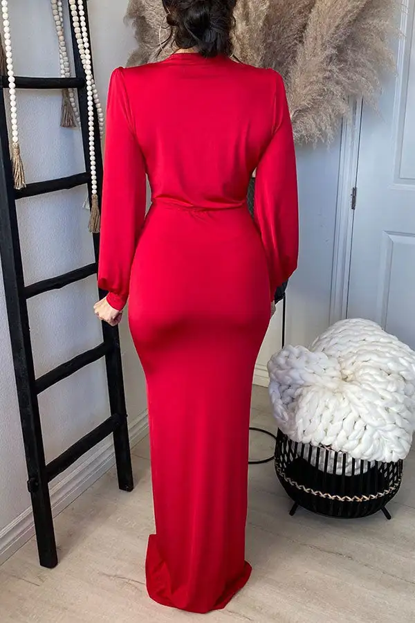 Red Simple Twisted Ribbon High Split Maxi Dress