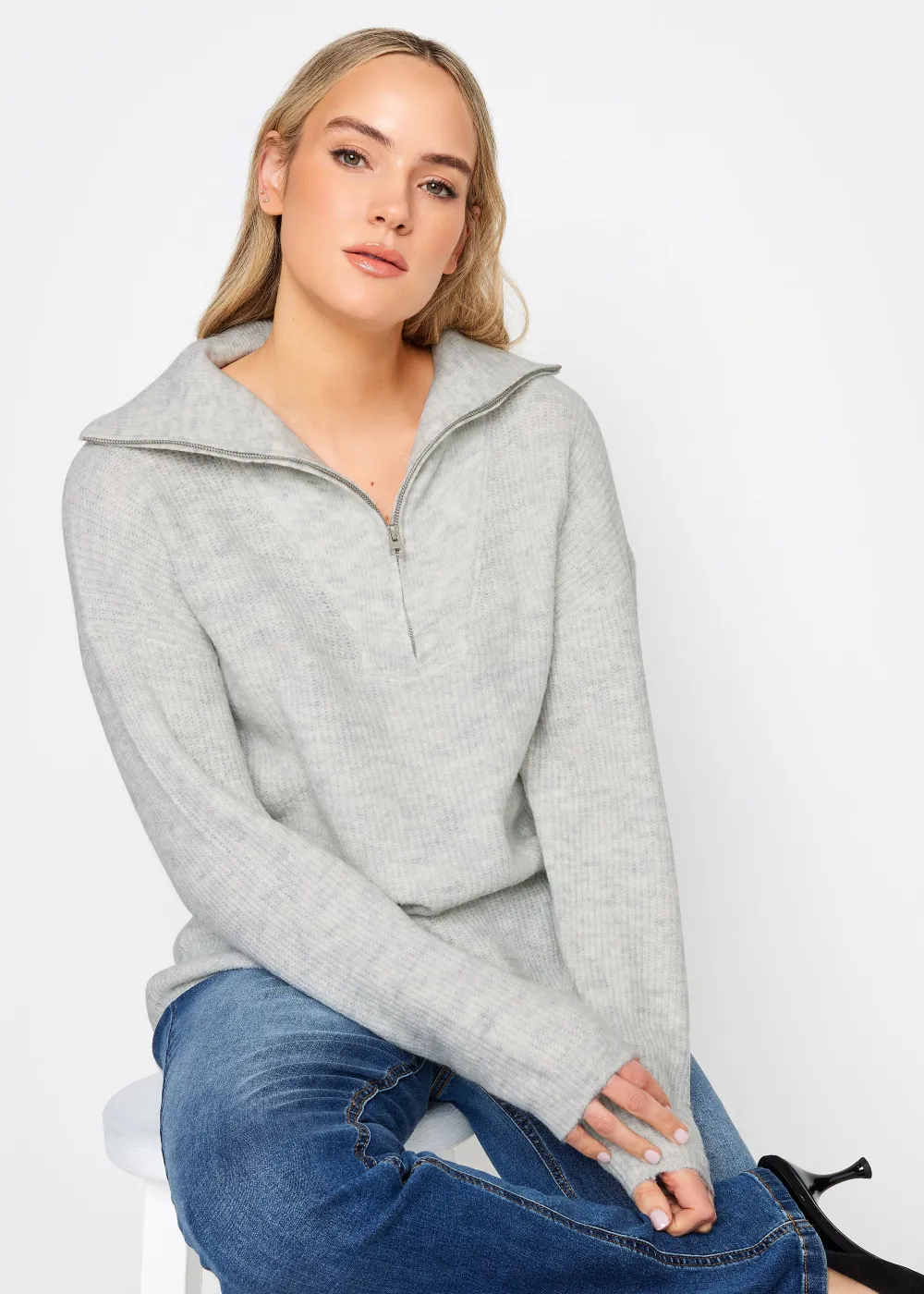 LTS Tall Dark Green Marl Zip Funnel Neck Jumper
