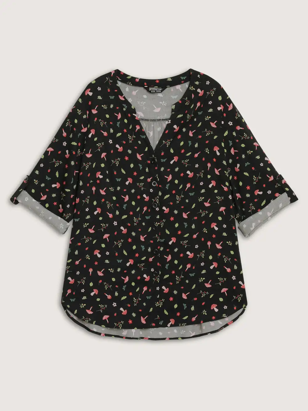 Mushroom Print Adjustable Sleeve Placket Blouse
