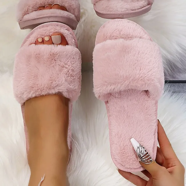 Women's Slippers Furry Feather Fuzzy Slippers Fluffy Slippers House Slippers Home Daily Solid Color Winter Flat Heel Open Toe Casual Comfort Minimalism Walking Suede Wine Red Black White