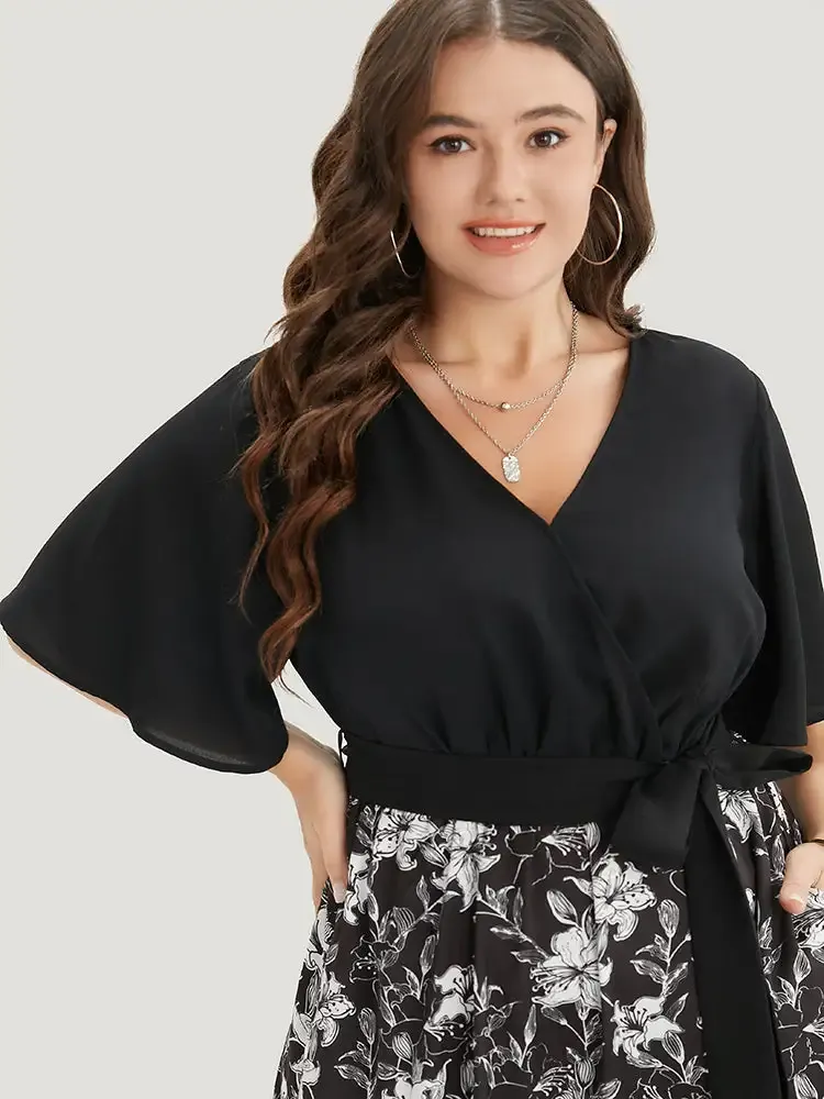 Floral Patchwork Pocket Belt Surplice Neck Ruffle Hem Dress