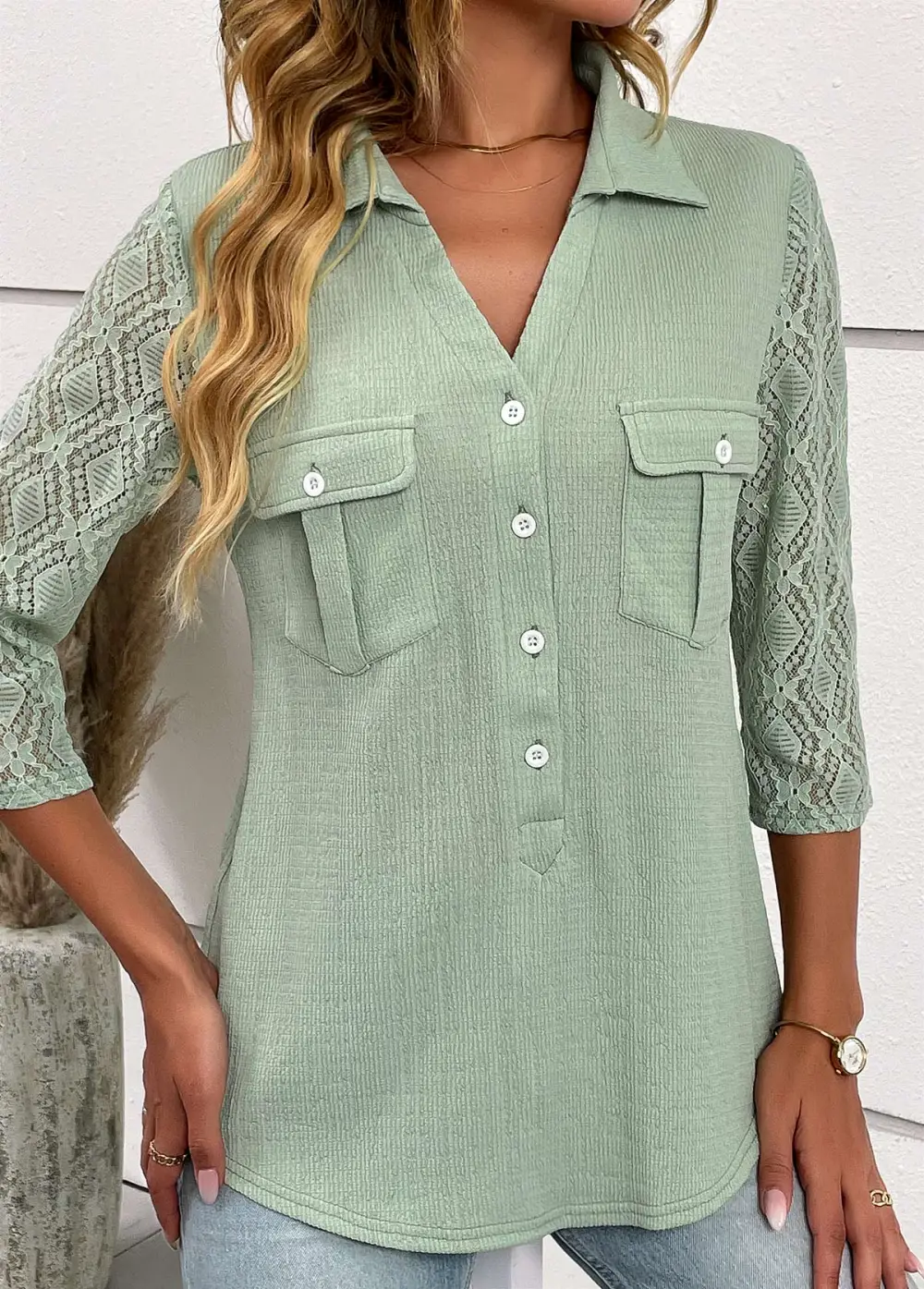 Sage Green Patchwork Three Quarter Length Sleeve Blouse
