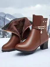 Women's Brown Warm Faux Fur Lined Ankle Boots with Heel, Stylish and Comfortable for Winter and Casual Wear.