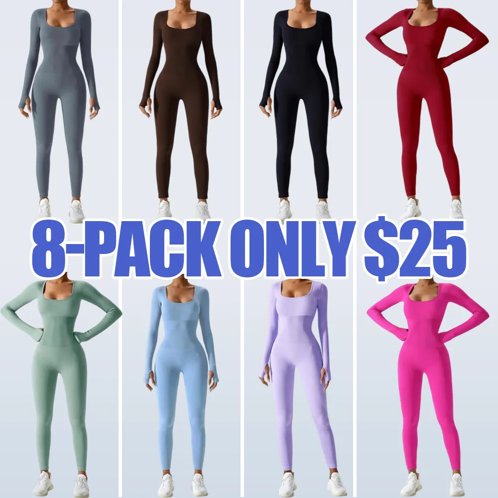 Women's Solid Ribbed Long Sleeve Sports Playsuit Tummy Control Jumpsuit, Workout Ribbed Long Sleeve Exercise Bodycon Jumpsuit