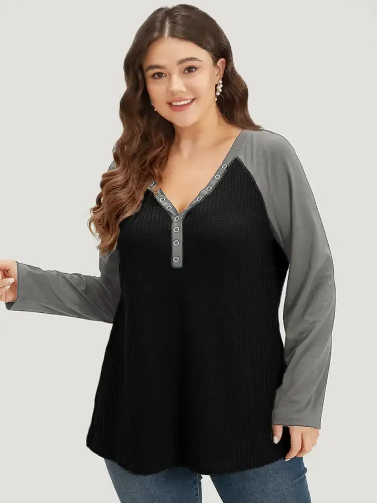 Waffle Knit Raglan Sleeve Metal Buckle Detail T-Shirt