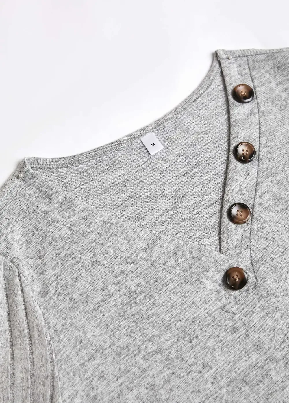 Light Grey Button Long Sleeve V Neck T Shirt