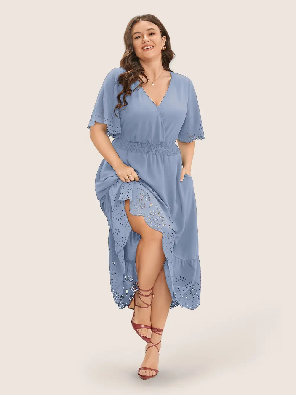 Solid Laser Cut Shirred Pocket Wrap Scalloped Trim Flutter Dress