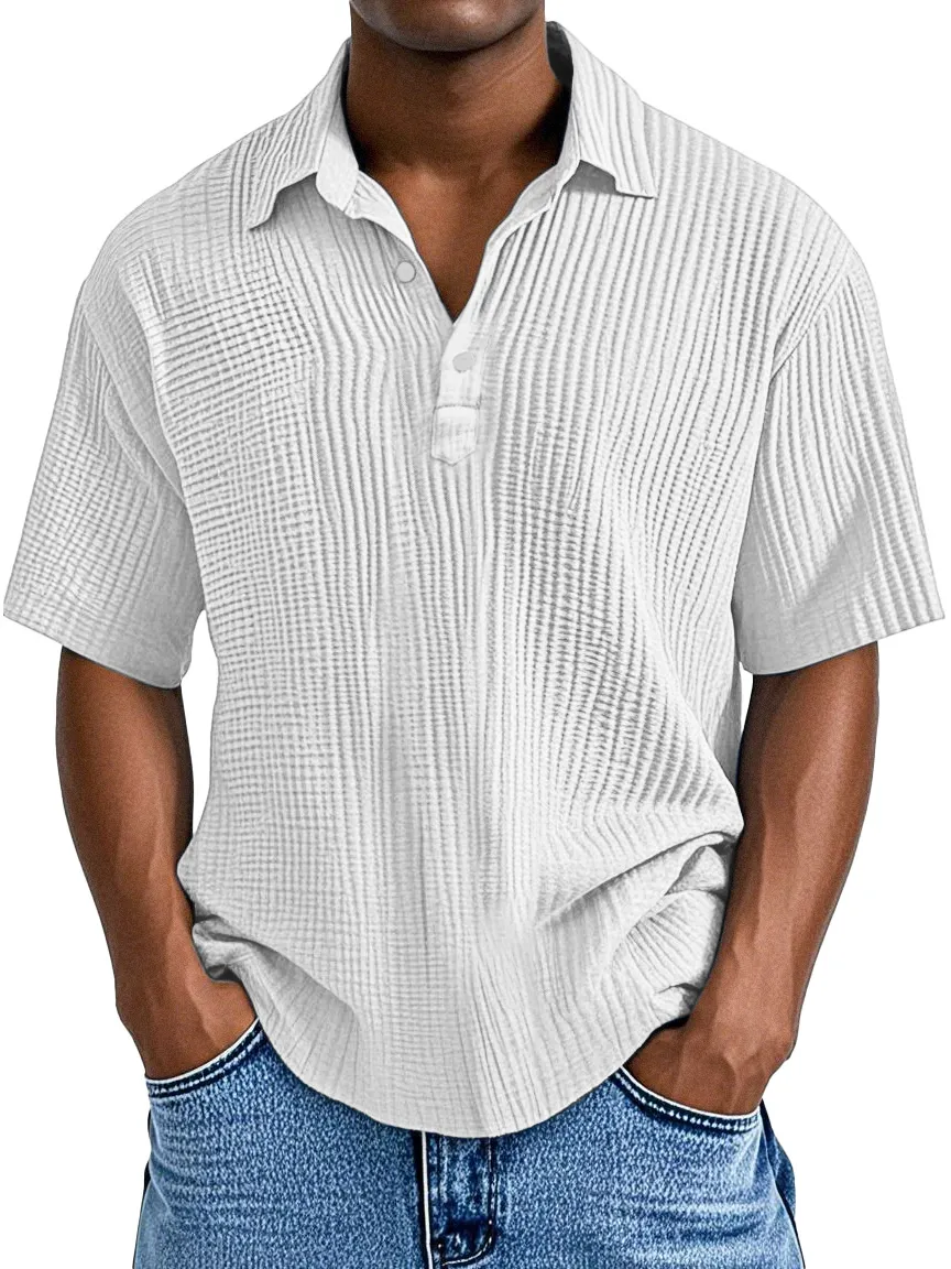 Men's Simple Daily Loose Pleated Texture Short Sleeve Lapel Polo Shirt