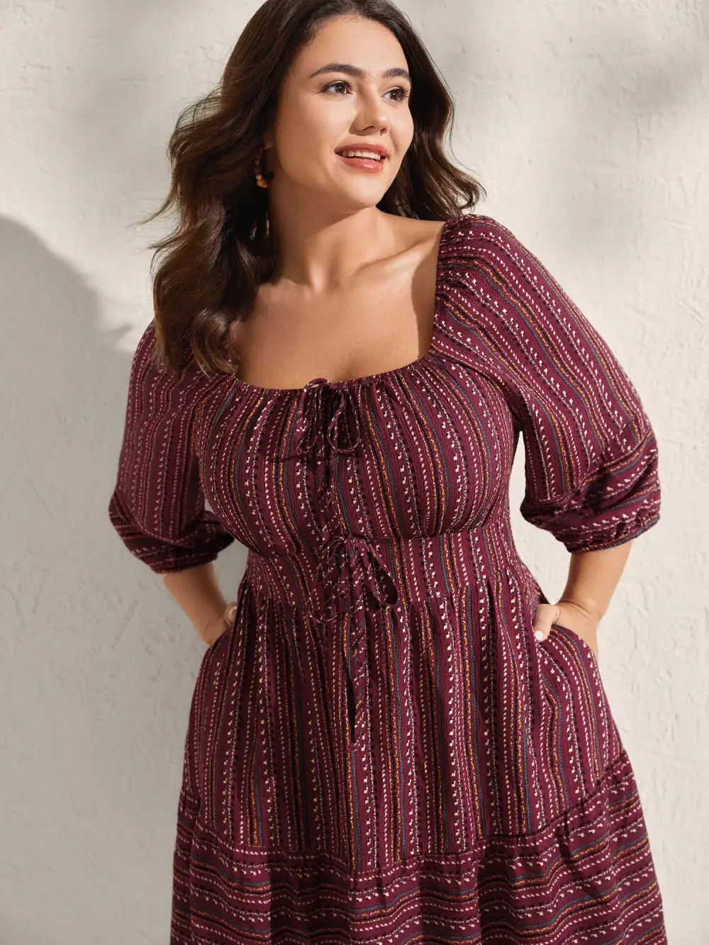 Fall Stripes Cinched-Waist Tie Midi Dress