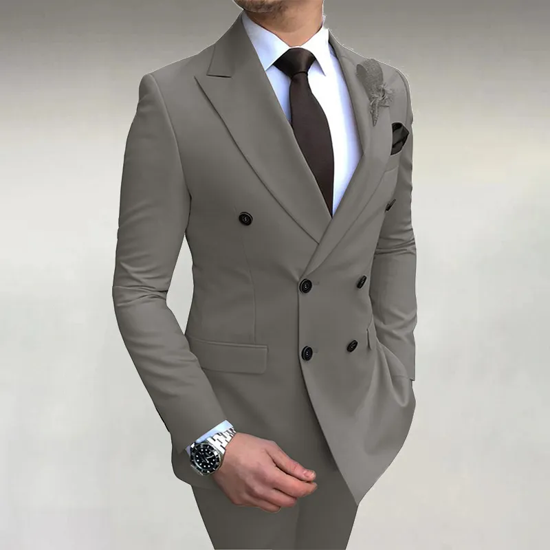 Men's Business Solid Double-Breasted Pocket Lapel Collar Lapel Blazer& Pants 2Pcs Set