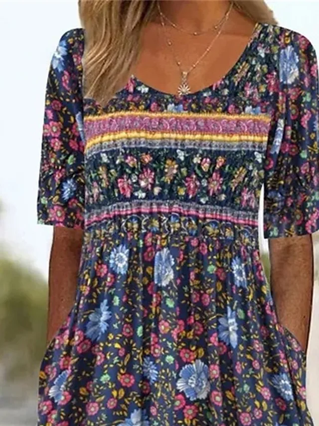 Women's Casual Dress Summer Dress Boho Dress Floral Ruched Pocket Crew Neck Midi Dress