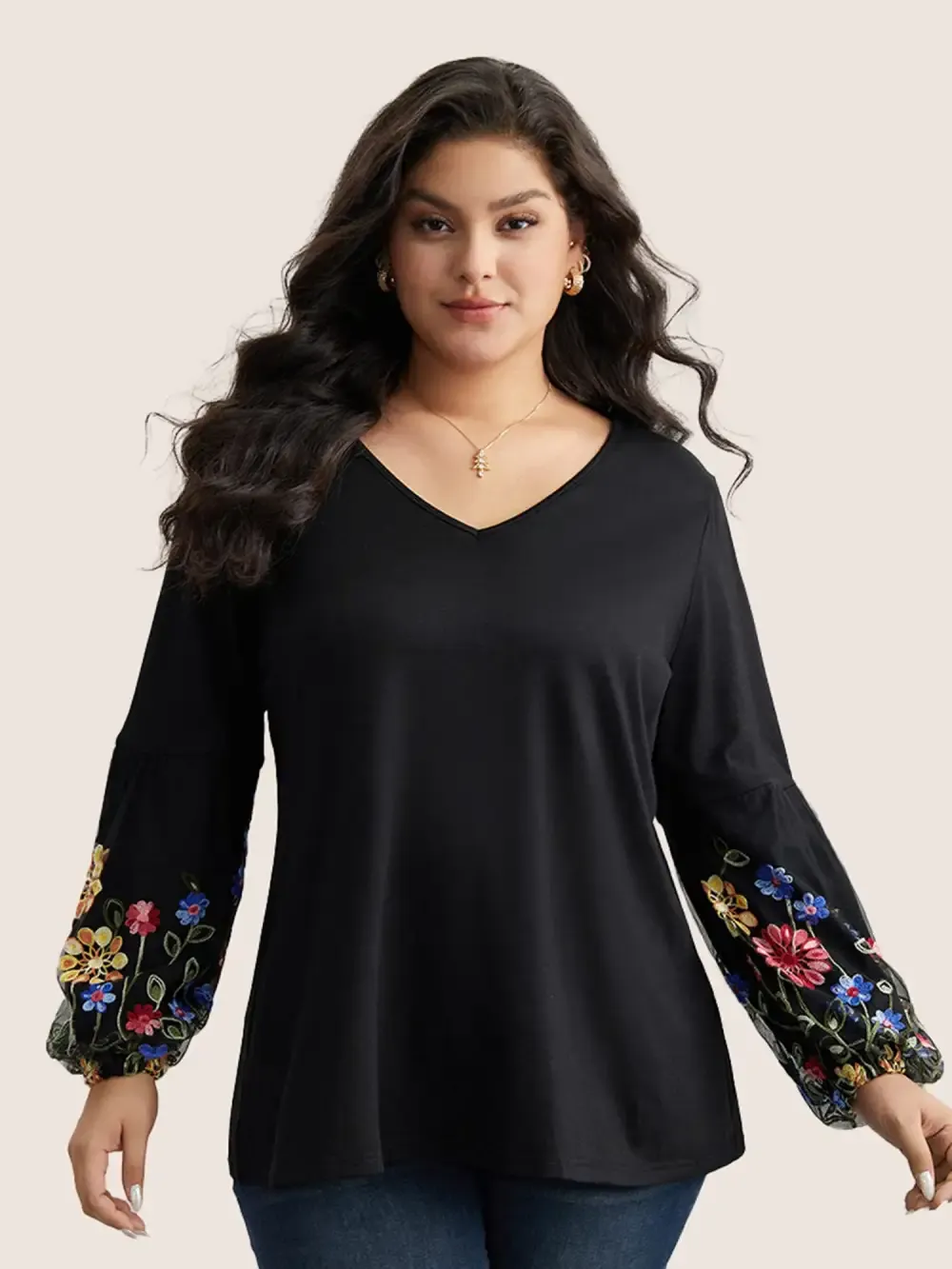 Floral Embroidered Lantern Sleeve T-Shirt